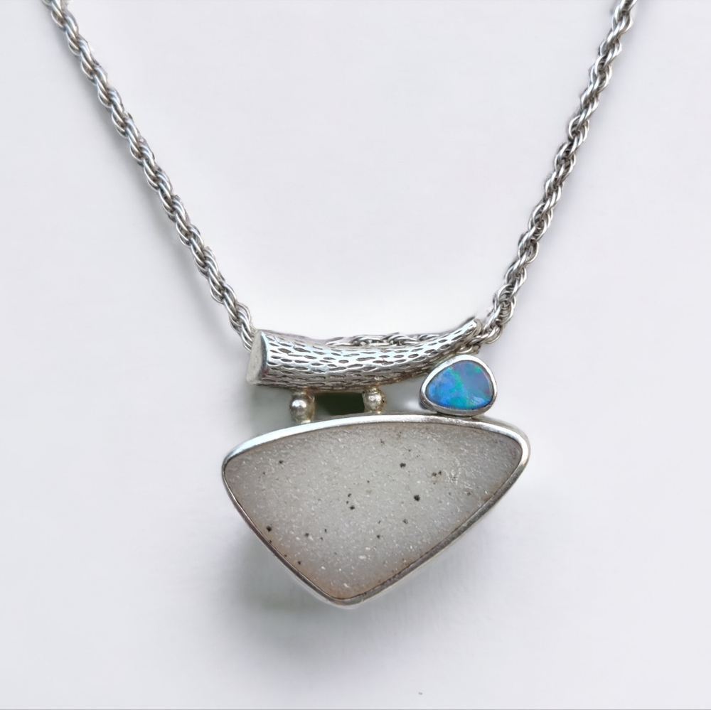 Sterling Whitney Kelly triplet opal and white druzy pendant necklace